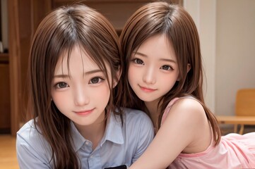 若い女性が寄り添う家族のイラスト。笑顔が可愛い姉妹の室内ポートレート