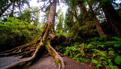 Obraz premium Ancient, moss-covered tree's exposed roots dominate a lush, temperate rainforest floor