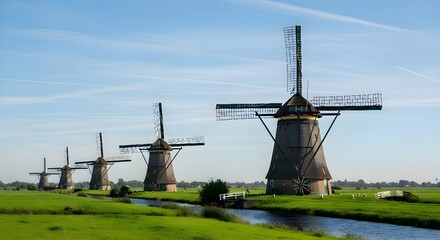 Naklejka premium Historic Dutch Windmills Along Canal in Green Landscape