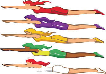 Five cartoon characters flying horizontally with extended arms, colorful hair and outfits in dynamic superhero pose vector illustration for animation content