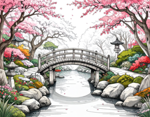 Japanese garden scene with bridge, coloring book page 