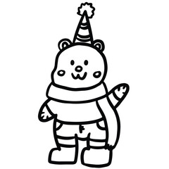 Hand drawn teddy bear wearing red scarf and party hat outline for kid colouring book, Christmas and New Year festive, cartoon, character, mascot, winter, animals, happy holidays, amusement park, zoo