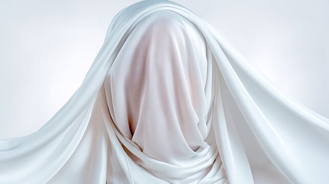 Veiled Mystery: A human form obscured by flowing white fabric, creating an enigmatic and ethereal silhouette, evoking a sense of mystery and anonymity.