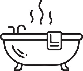 Simple line art illustration of a steaming bathtub with a towel