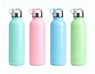 Four pastel-colored stainless steel water bottles on a white background.