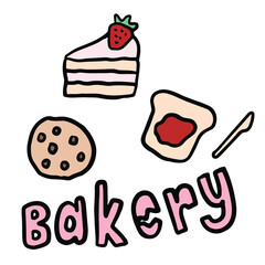 Hand drawn illustrations of strawberry cake, cookie, bread with jam for food, eating cartoon, snack, bakery, pastry, sweet dessert, cafe, restaurant, menu, recipe, coffee shop, cuisine, sticker
