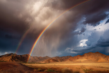 Rainbow arcing over a desert after rainfall
