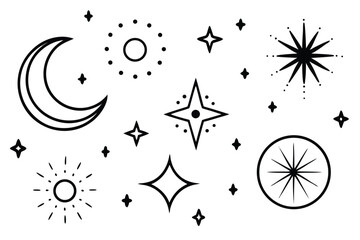 Doodle sparkle element element set, moon phase icon, star symbol, and sunburst graphic vector set. essential doodle illustrations for celestial design, mystical branding, and decor 