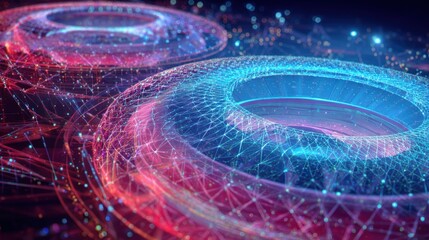 A vibrant digital abstract image featuring interconnected circular shapes with glowing lines and nodes, creating a futuristic network appearance.