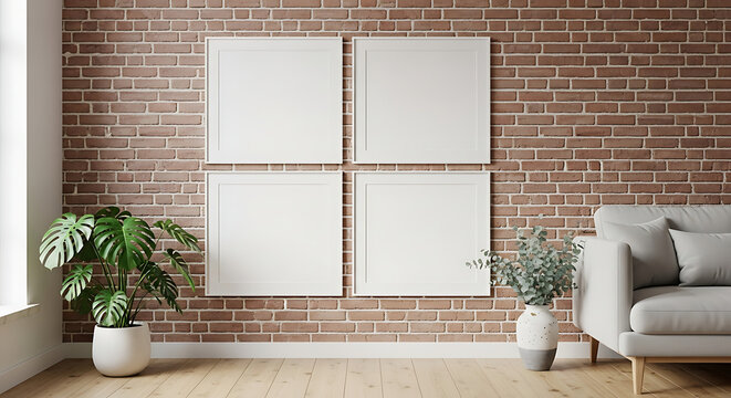 Poster Mockup in Four square blank canvases in thin wooden frames arranged in a minimalist two-by-two grid for a mockup.,  3D render, 3D illustration