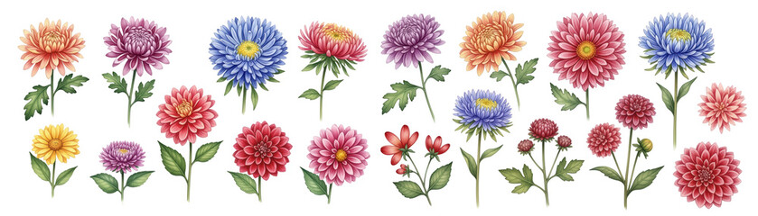 A vibrant array of hand-drawn flowers in various colors and sizes, perfect for decorative designs.