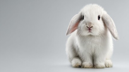 A cute, fluffy white rabbit with long ears sits against a neutral background, exuding a gentle and curious demeanor.