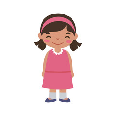 Smiling cartoon girl in a pink dress and headband, cheerful and cute, simple character design, isolated on white