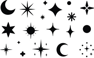 Doodle sparkle element element set, moon phase icon, star symbol, and sunburst graphic vector set. essential doodle illustrations for celestial design, mystical branding, and decor 
