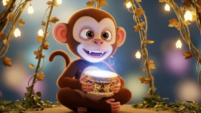 A cute cartoon monkey sits enchanted, holding a glowing magical drum amidst whimsical fairy lights in a mystical forest.