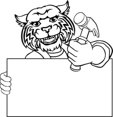 A wildcat handyman or carpenter cartoon construction man mascot character holding a hammer tool