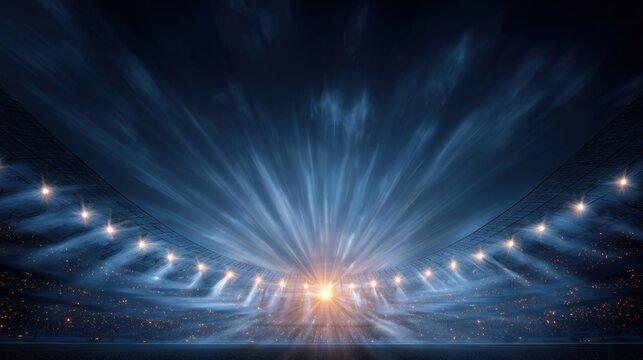 A dramatic view of a stadium illuminated by bright lights, creating an electrifying atmosphere, perfect for sporting events and gatherings.