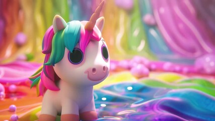 Colorful plastic unicorn figurine with rainbow mane and tail, set against vibrant splashes of paint background. - Powered by Adobe