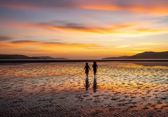 Fototapeta premium Two children silhouetted walking on a wet sandy beach during a vibrant colorful sunset over the ocean