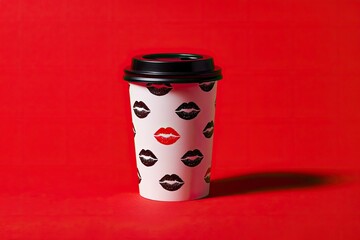 A disposable coffee cup, white with a black and red lip print design, sits on a red background