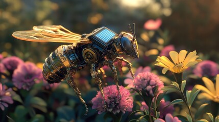 Futuristic bee robot pollinating flowers at sunset