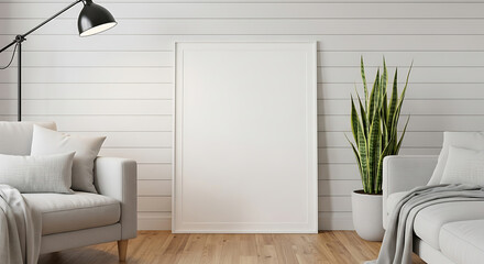 Poster Mockup in Large vertical blank white canvas mockup leaning against a modern striped wall ready for art or text placement.,  3D render, 3D illustration