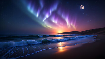 Aurora Borealis dances over ocean waves under a full moon northern lights beach