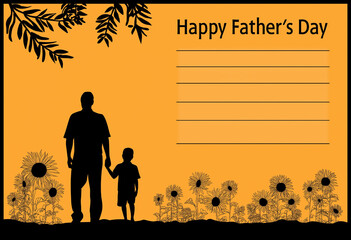 A photo of an elegant Happy Father's Day card with silhouettes of a father and son holding hands, a sunset backbulo, and sunflowers in the foreground.