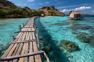 Long wooden pier over clear turquoise water leading to a tropical stilt house and islands