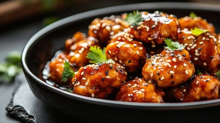 A close-up of orange chicken with a glossy, sticky orange sauce, garnished with fresh cilantro on blurred background