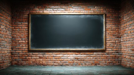 Empty blackboard on a rustic brick wall with warm lighting and shadows creating an inviting educational atmosphere