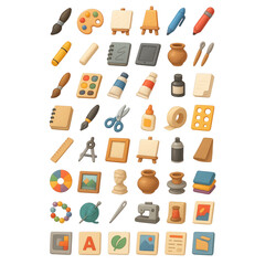 Assortment of 3D art and craft supplies icons with some variations on transparency background black background tools