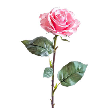 Single pink rose with green leaves on a long stem