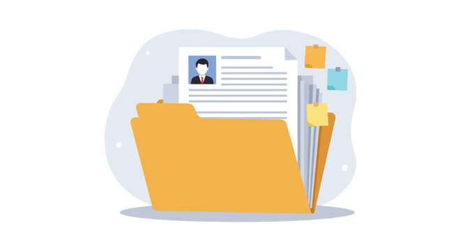 A yellow folder with a resume and other documents inside