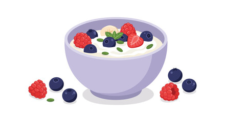 Bowl of yogurt with fresh berries and mint leaves on white background