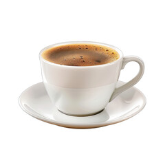 Fototapeta premium A white ceramic coffee cup filled with dark brown coffee. A saucer sits beneath the cup