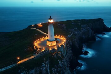 A drone shot of the lighthouse, lit up with lights around it, overlooking an ocean at dusk,