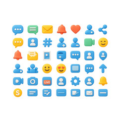 Collection of 3D rendered social media and communication icons on a transparency background black background chat message