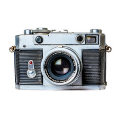 Vintage silver camera, front view, showing signs of age and use