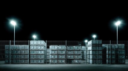 Nighttime View of Illuminated Shipping Containers in Warehouse Setting with Security Fencing