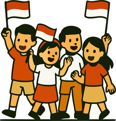 children happily waving Indonesian red and white flags during Independence Day.