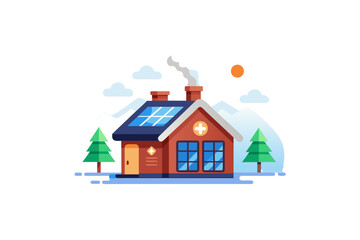 Eco house with snow covered solar panels smoke chimney design