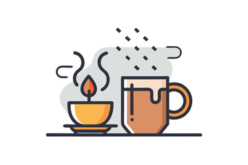 Hot tea mug with rising steam beside small rainy weather
