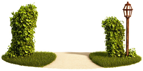 Pathway flanked by lush green bushes and a vintage lamppost