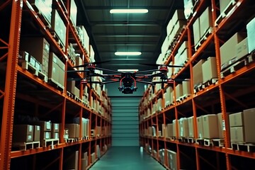 Fototapeta premium A drone flying in the air, inside an industrial warehouse with high shelves filled with boxes and cardboard.