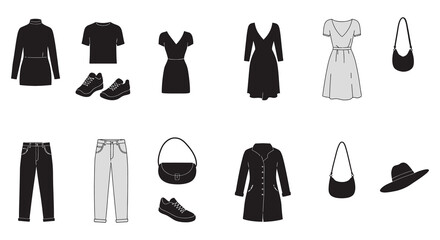 Collection of various clothing items and accessories in black and white