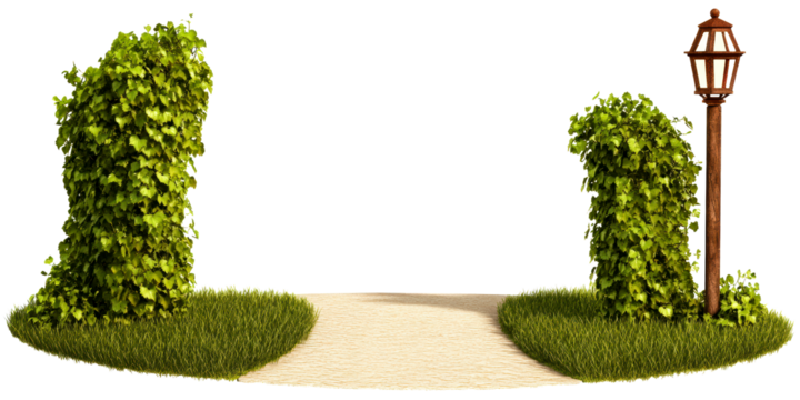 Pathway flanked by lush green bushes and a vintage lamppost