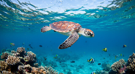 Obraz premium Sea turtle swimming over coral reef with colorful tropical fish in clear blue ocean.