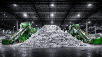 Industrial Warehouse Recycling Facility with Large Pile of Processed Materials and Advanced Machinery for Waste Management