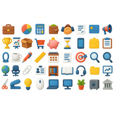 Collection of 3D Business and Office Icons on Black Background Keywords: business icons, office icons, finance icons, technology icons, education icons, people icons, transparency background